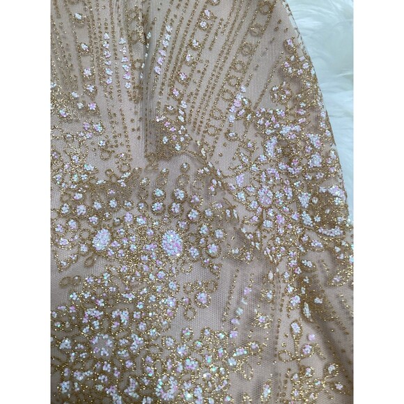 Hello Molly Gold Sheer Embellished Winged Cape Mini Evening Cocktail Dress L - Picture 7 of 8